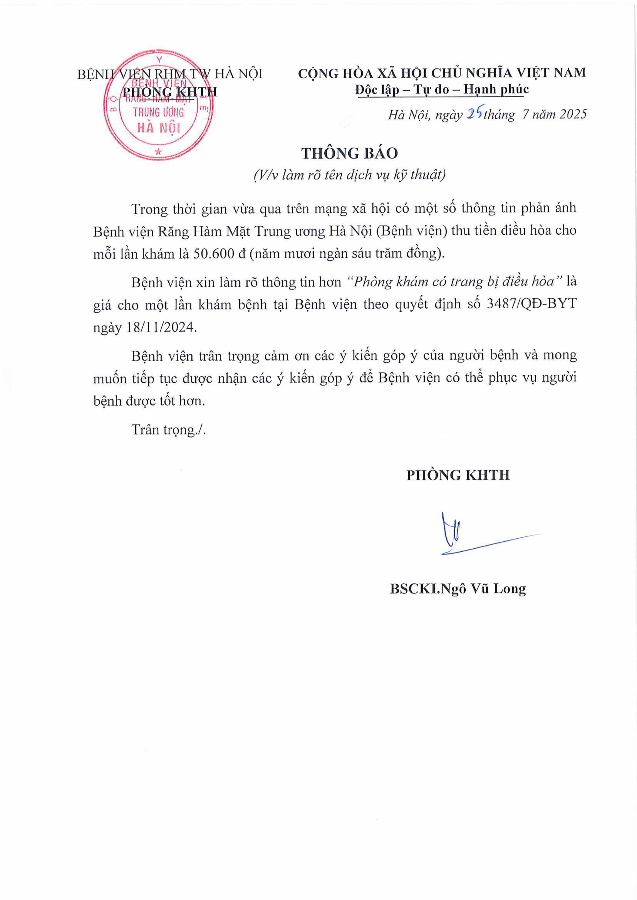 THÔNG BÁO LÀM RÕ TÊN DỊCH VỤ KỸ THUẬT